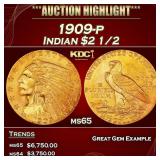 1909-p Gold Indian Quarter Eagle $2 1/2 ms65 SEGS