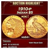1910-p Gold Indian Half Eagle $5 ms64+ USCG