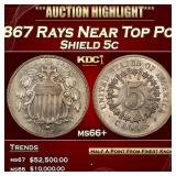 1867 Rays Shield Nickel Near Top Pop 5c ms66+ SEGS