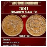 1841 Braided Hair Large Cent 1c ms64+ bn SEGS