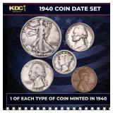 1940 5 Coin Date Set, 1 Of Each Type Of Coin Minte