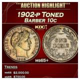 1902-p Barber Dime Toned 10c ms65+ SEGS