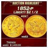 1852-p Gold Liberty Quarter Eagle $2 1/2 ms63 USCG