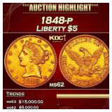 1848-p Gold Liberty Half Eagle $5 ms62 USCG