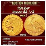 1912-p Gold Indian Quarter Eagle $2 1/2 ms65 SEGS