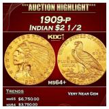 1909-p Gold Indian Quarter Eagle $2 1/2 ms64+ SEGS