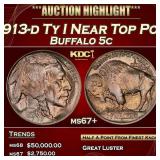 1913-d Ty I Buffalo Nickel Near Top Pop 5c ms67+ S