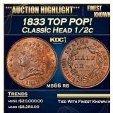 1833 Classic Head half cent TOP POP! 1/2c ms66 rb