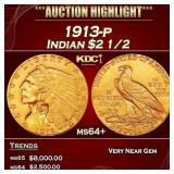 1913-p Gold Indian Quarter Eagle $2 1/2 ms64+ SEGS