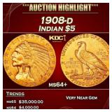 1908-d Gold Indian Half Eagle $5 ms64+ USCG