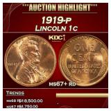 1919-p Lincoln Cent 1c ms67+ rd SEGS