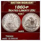 1860-p Seated Liberty Quarter 25c ms63 USCG