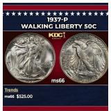 1937-p Walking Liberty Half Dollar 50c Grades ms66