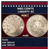 1883 CENTS Liberty Nickel 5c Grades ms63