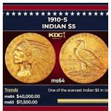 1910-s Gold Indian Half Eagle $5 ms64 USCG