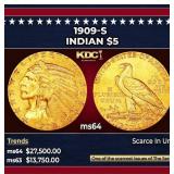 1909-s Gold Indian Half Eagle $5 ms64 USCG