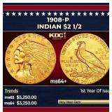 1908-p Gold Indian Quarter Eagle $2 1/2 ms64+ SEGS