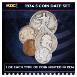 1934 5 Coin Date Set, 1 Of Each Type Of Coin Minte