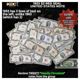 20x 1953 $2 Red Seal United States Note Heavily Ci