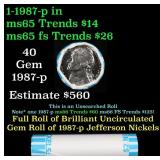 BU Shotgun Jefferson 5c roll, 1987-p 40 pcs Bank $