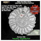 10x 1963 $5 Red Seal United States Note Grades VF/