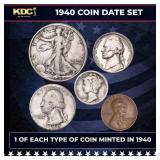 1940 5 Coin Date Set, 1 Of Each Type Of Coin Minte