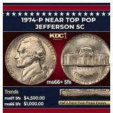 1974-p Jefferson Nickel Near Top Pop 5c ms66+ 5fs