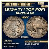 1913-p Ty I Buffalo Nickel TOP POP! 5c ms68+ SEGS