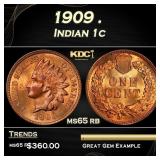 1909 Indian Cent . 1c Grades ms65 rb