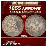 1855 arrows Seated Liberty Quarter 25c ms63 USCG