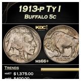 1913-p Ty I Buffalo Nickel 5c Grades ms66+