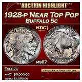 1928-p Buffalo Nickel Near Top Pop 5c ms67 SEGS