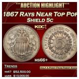 1867 Rays Shield Nickel Near Top Pop 5c ms66+ SEGS