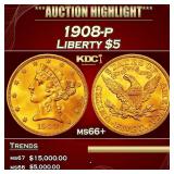 1908-p Gold Liberty Half Eagle $5 ms66+ SEGS