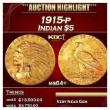 1915-p Gold Indian Half Eagle $5 ms64+ USCG