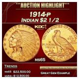 1914-p Gold Indian Quarter Eagle $2 1/2 ms65 SEGS