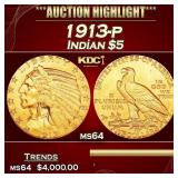 1913-p Gold Indian Half Eagle $5 ms64 USCG