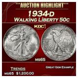 1934-d Walking Liberty Half Dollar 50c ms65 SEGS