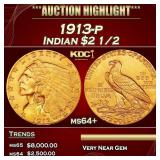 1913-p Gold Indian Quarter Eagle $2 1/2 ms64+ SEGS