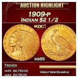 1909-p Gold Indian Quarter Eagle $2 1/2 ms65 SEGS