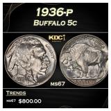 1936-p Buffalo Nickel 5c ms67 SEGS