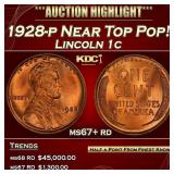 1928-p Lincoln Cent Near Top Pop! 1c ms67+ rd SEGS