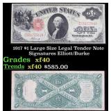 1917 $1 Large Size Legal Tender Note Grades xf Sig