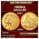 1909-s Gold Indian Half Eagle $5 ms62+ USCG