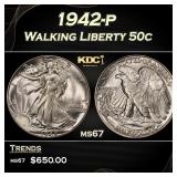 1942-p Walking Liberty Half Dollar 50c ms67 SEGS