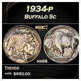 1934-p Buffalo Nickel 5c Grades ms66