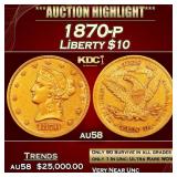 1870-p Gold Liberty Eagle $10 au58 SEGS