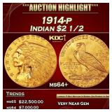 1914-p Gold Indian Quarter Eagle $2 1/2 ms64+ SEGS