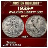 1939-p Walking Liberty Half Dollar 50c ms67 SEGS