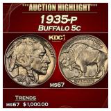1935-p Buffalo Nickel 5c ms67 SEGS